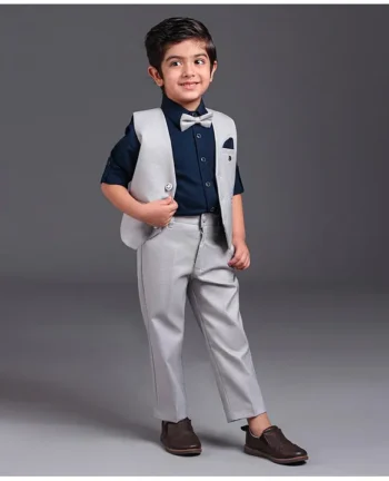 ROBO FRY Robo Fry Full Sleeves Shirt With Trouser & Waistcoat Bow Applique - Grey