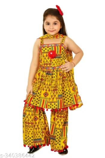 Fashionista Premium Quality Mixed Cotton Blend Palazzo Pants & Sleeveless Top With Dupatta for Girl's (Yellow)