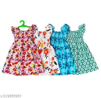 New Fancy Designer Colorful baby Girls Cotton Floral Printed Frocks / Midi / Jabhla Dresses set for infant to kids (Combo Pack of 4)