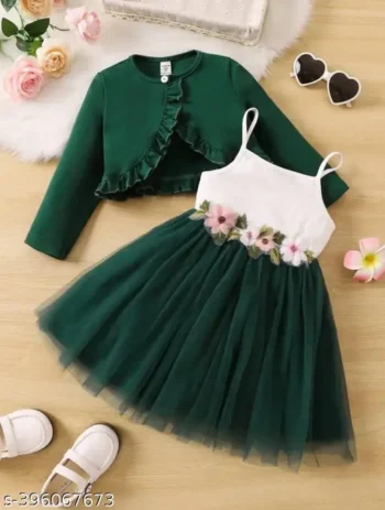 Baby girls Ruffle Trim Jacket & Appliques Mesh Flare Hem Cami Dress