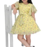 Kid's Printed Round Neck Yellow Frocks & Dresses