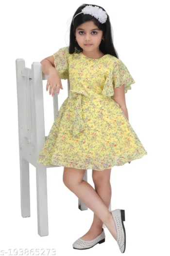 Kid's Printed Round Neck Yellow Frocks & Dresses