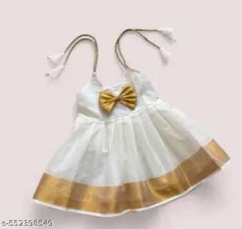 Amazing Traditional Kerala Style Cotton Blend Beads Ornamentation frock White and Gold