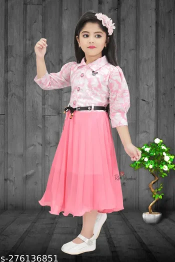 Length Floral Tie Knot Gathered Dress for Kids & Girls, Beautiful Printed Frock for Casual & Special Occasion
