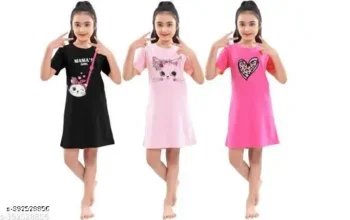 Crew Neck Casual T-shirt Dress(PACK OF 3)|Kids Summer Clothes|GIRLS TSHIRT FROCK