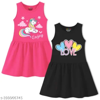 Trampoline Girl's Printed Round Neck Pink Frocks & Dresses (Pack Of 2)