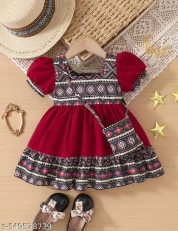 2pcs/Set Baby Girls Princess Square Collar Puff Sleeve Floral & Geometric Print Splicing Dress With Invisible Zipper For Matching Bag, Comfortable And Fashionable For Spring/Summer/Autumn