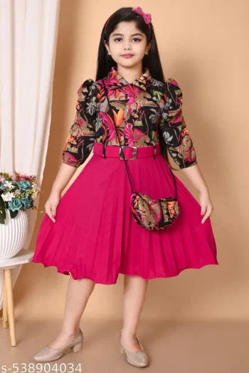 Latest Printed Pleated Frock and Dress with Bag Stylish Kids Frock for Girls Perfect frocks for baby girl Birthday kids frocks 4-5 year or party wear frocks for girls Trending long frock for girls Latest fancy frock for girls and frock for girls 7-8 years,cotton frocks for girls