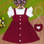 Stylish Purple Girls' Fit & Flare Dress with White Puff Sleeves and Cute Mini Sling Bag