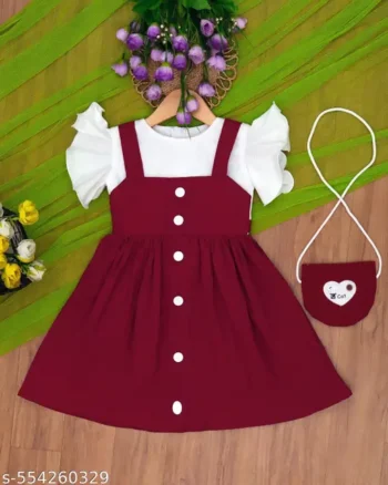 Stylish Purple Girls' Fit & Flare Dress with White Puff Sleeves and Cute Mini Sling Bag