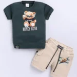 Boys' Half Set – Pine Green "Money Bear" Teddy Print T-Shirt & Beige Cotton Lycra Bio-Washed Shorts | Soft, Cute & Comfy
