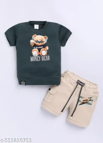 Boys' Half Set – Pine Green "Money Bear" Teddy Print T-Shirt & Beige Cotton Lycra Bio-Washed Shorts | Soft, Cute & Comfy