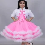 Preety Net Silk Pink & White One Piece Festive Dress For Girls#FancyGirlsDress #StylishKidsDress #DesignerGirlsFrock #BeautifulFrockForGirls #FancyBirthdayDress #GirlsOccasionWear #LatestFrockDesign #FashionableGirlsDress