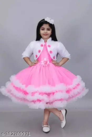 Preety Net Silk Pink & White One Piece Festive Dress For Girls#FancyGirlsDress #StylishKidsDress #DesignerGirlsFrock #BeautifulFrockForGirls #FancyBirthdayDress #GirlsOccasionWear #LatestFrockDesign #FashionableGirlsDress
