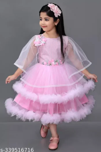 Embellished Round Neck Pink Frocks & Dresses