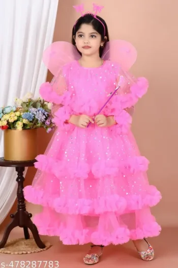 Princess , Angel Girls Maxi/Full Length Party Dress (pink , 3/4 Sleeve)