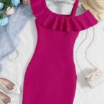 Teen Girls Asymmetrical Neck Ruffle Trim Rib-Knit Dress