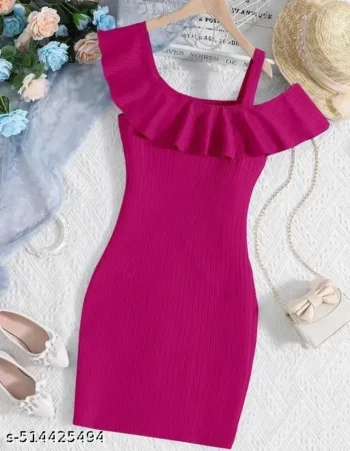 Teen Girls Asymmetrical Neck Ruffle Trim Rib-Knit Dress