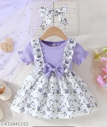 [Popular Choice] Girls' Floral Print Short Sleeve Dress with Bow Detail, Round Neck, Summer Casual Style