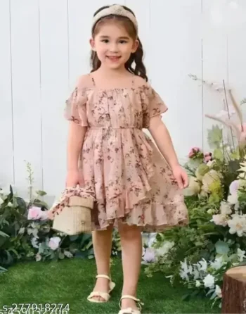 Partywear Graceful Multicolor Off Shoulder Chiffon Girls Frocks & Dresses (Sizes: 0-10 Years)