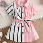 Stinity Girls Pink and White Striped Printed Front Belted Shirt Dress Girls wear