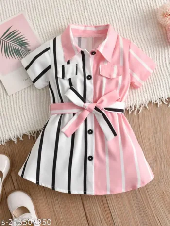 Stinity Girls Pink and White Striped Printed Front Belted Shirt Dress Girls wear