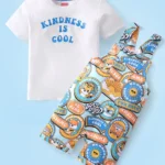 Babyhug Single Jersey Knit Tiger Printed Dungaree & Half Sleeves T-Shirt - White & Multicolor