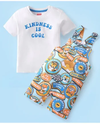 Babyhug Single Jersey Knit Tiger Printed Dungaree & Half Sleeves T-Shirt - White & Multicolor