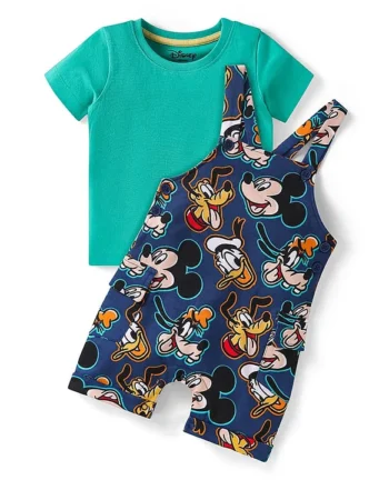 Babyhug Disney Cotton Knit Half Sleeves T-Shirt & Dungaree with Mickey Mouse Graphics - Navy Blue & Green