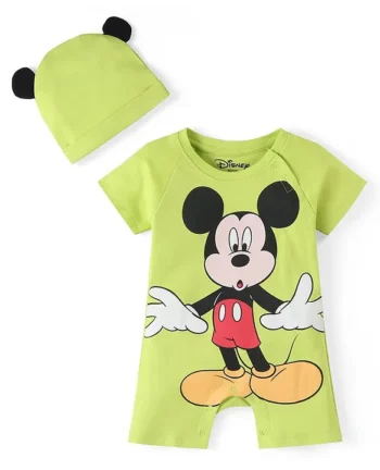 Babyhug Disney Interlock Cotton Knit Half Sleeves Romper with Cap & Mickey Mouse Graphics - Green