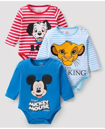 Babyhug Disney Interlock Knit Full Sleeves Striped Onesies with 101 Dalmatians Mickey Mouse & The Lion King Graphics Pack of 3 - Blue & Red
