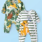 Babyhug Disney Interlock Knit Full Sleeves Rompers With Lion King Graphics Pack of 2 - White & Green