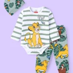 Babyhug Disney Interlock Knit Full Sleeves Striped The Lion King Printed Onesie with Footed Leggings & Cap - White & Grey