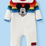 Babyhug Disney Knit Full Sleeves Winter Wear Striped Romper with Mickey Mouse Graphics -White