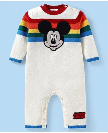 Babyhug Disney Knit Full Sleeves Winter Wear Striped Romper with Mickey Mouse Graphics -White