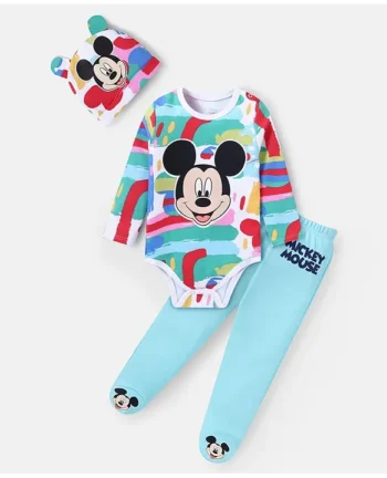 Babyhug Disney Interlock Knit Full Sleeves Onesies With Leggings & Cap 3D Ear Mickey Mouse Graphics & Applique - Blue & Red