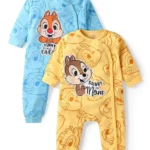 Babyhug Disney Interlock Knit Full Sleeves Front Open Rompers with Chip n Dale Graphics Pack of 2 - Light Blue & Yellow