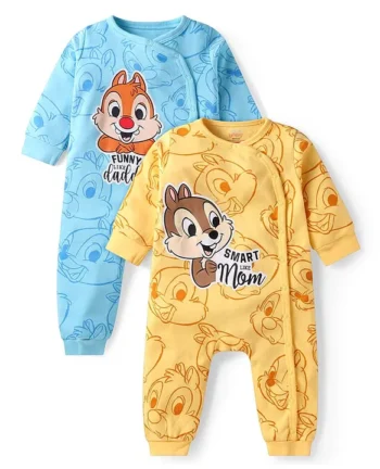 Babyhug Disney Interlock Knit Full Sleeves Front Open Rompers with Chip n Dale Graphics Pack of 2 - Light Blue & Yellow