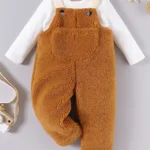 Kookie Kids Fur Full Length Dungaree Style Jumpsuit & Full Sleeves T-Shirt with Pocket Detailing - White & Brown