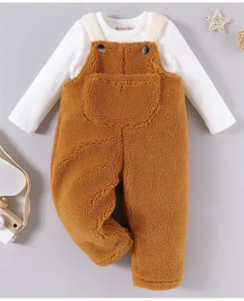 Kookie Kids Fur Full Length Dungaree Style Jumpsuit & Full Sleeves T-Shirt with Pocket Detailing - White & Brown