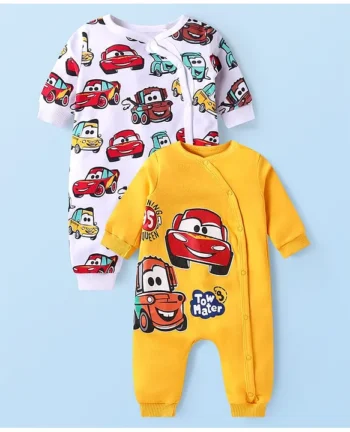 Babyhug Disney Interlock Knit Full Sleeves Front Open Rompers with Cars Graphics Pack of 2 - White & Yellow