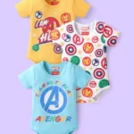 Babyhug Marvel Interlock Knit Half Sleeves Onesies with Avengers Print Pack of 3 - Yellow Blue & White