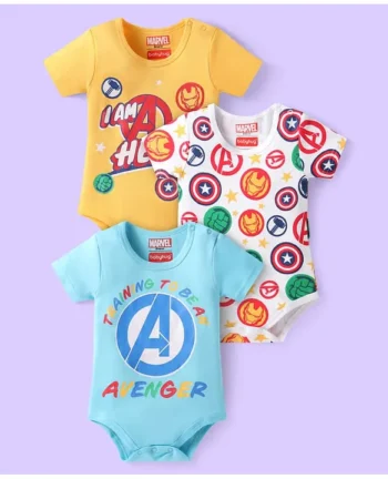 Babyhug Marvel Interlock Knit Half Sleeves Onesies with Avengers Print Pack of 3 - Yellow Blue & White