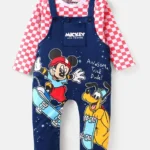 Babyhug Disney Single Jersey Knit Dungaree & Full Sleeves Checks T-Shirt With Mickey Mouse Graphics - Blue & Red