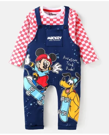 Babyhug Disney Single Jersey Knit Dungaree & Full Sleeves Checks T-Shirt With Mickey Mouse Graphics - Blue & Red