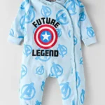 Babyhug Marvel Interlock Knit Full Sleeves Avenger Printed Front Open Romper - Light Blue