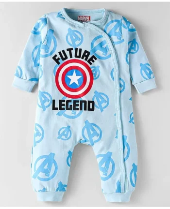 Babyhug Marvel Interlock Knit Full Sleeves Avenger Printed Front Open Romper - Light Blue