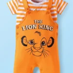 Babyhug Disney Single Jersey Knit Dungaree & Half Sleeves Striped T-Shirt with Lion King Graphic - Orange