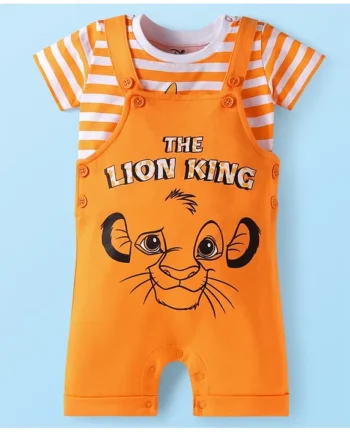 Babyhug Disney Single Jersey Knit Dungaree & Half Sleeves Striped T-Shirt with Lion King Graphic - Orange