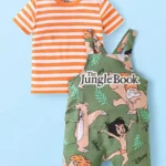 Babyhug Disney Single Jersey Knit Dungaree & Half Sleeves Striped T-Shirt With Jungle Book Graphics - Olive Green & Orange